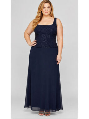 Alex Evenings Plus Size 16 Navy Glitter Formal Gown Dress / Mother of the NWT